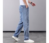 Summer Thin Men's Jeans Lyocell Fabric Soft Breathable Straight Denim Pants Brand Man Elastic Ice Silk Casual Trousers Grey Blue