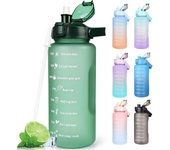 Botella de agua de 2 l sin BPA, para bebidas deportivas, con marcador de tiempo y tapa de bloqueo, a prueba de fugas, botella de agua de 2 litros con asa portátil, color rosa y rojo