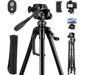 Trípode para Camara, Tripode de aleación de Aluminio de 143cm con pinza de movil y rótula de bola de 360​​° Placa de liberación rápida de 1/4 pulgada Nivel de burbuja para cámara, Soporte de viaje para fotografía de teléfono, Con mando Bluetooth