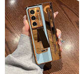 With Screen Protector Luxury Leather Case for Samsung Galaxy Z Fold 6 5 4 3 5G One-Piece Plating Stand Shockproof Cover Gold