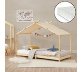 Cama para niños Brome Forma casita con colchón y techo pino 90x200cm - Natural y Beige [en.casa]