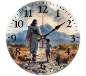 Jesús caminando con las manos un niño reloj de pared redondo de 11.8 pulgadas religioso Cristo Iglesia silencioso reloj de cuarzo sin tictac decoración moderna para oficina, hogar, cocina, dormitorio, aula