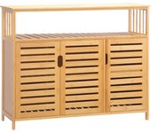 HOMCOM Aparador de 3 Puertas Ranuradas Aparador para Salón de Bambú con Estantes para Comedor Cocina Entrada Natural 100x35x82 cm