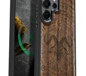 Funda magnética de madera para Samsung Galaxy S25 Ultra Case 2025, carcasa de TPU a prueba de golpes y grabado artesanal de madera, compatible con cargadores inalámbricos MagSafe (The Haloed Crow) Blackwood