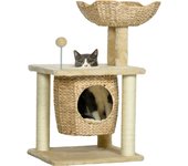 PawHut Rascador para gatos pequeño, árbol para gatos de 74 cm con cueva para gatos, pelota de juego, torre de escalada interior con cama, mueble rascador para gatos de hasta 5 kg, color beige