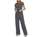 Spring/summer solid color casual suit with pleats, short sleeved top, high waisted wide leg pants, sportswear