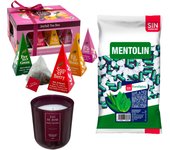 Pack bienestar: MENTOLIN EUCALIPTUS S/A BOLSA 1KG + Vela perfumada en vidrio rosa de silicona 170 g + Caja de Té Joyfull con variedad de sabores