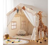 Tienda de Campaña Infantil 2 en1 con Alfombra Acolchada, Luces y Banderas, Casita Infantil Tela de Juegos con 2 Puertas y 4 Ventanas, Cabañas para Niños