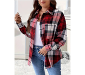 Women's Spring and Summer Plus Size 1XL-5XL Checkered Printed Shoulder Top Women's Long Sleeved Casual Shirt