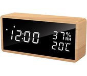 Reloj despertador digital de madera, reloj despertador electrónico con 3 configuraciones de alarma, reloj despertador digital alimentado por USB con función de repetición y pantalla LED de hora, temperatura y humedad