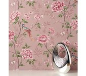 Muestra DIN A4 de Papel pintado de pájaros y flores fondo texturizado efecto fibra vegetal rosa - Nora Garden 681990 de GAULAN