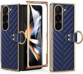 VIETAO Z Flod 6 5 4 3 Golden Plated Finger Ring Holder Kickstand Leather Mobile Phone Case Compatible With Galaxy Z Fold 6 5 4 3
