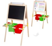 WOOMAX - Pizarra infantil doble cara (negra y blanca magnética) + rollo de papel para escribir, 57x59x93 cm, incluye tizas, imanes educativos, borrador, rotulador, 2 cestas de almacenaje y 2 botes, caballete madera, diseño 3 en 1, juguetes niños 3 años