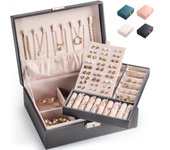 Joyero, Caja de almacenamiento de joyas para mujer, Caja de almacenamiento de joyas, Caja de almacenamiento de joyas de 2 niveles con cerradura para mujeres para joyería, pendientes, anillos y collares (gris)