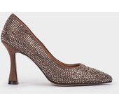 Pedro Miralles Zapatos de tacón de tejido con brillantes modelo CATANIA en tonos Marrones. Hecho a mano en España.