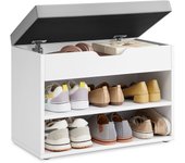VASAGLE Banco Zapatero, Mueble Zapatero con Asiento Tapizado, Banco Recibidor con 3 Compartimentos y Asiento Acolchado, 30 x 60 x 44 cm, para Entrada Dormitorio Sala de Estar, Beige Natural/Blanco Nube