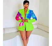 Floral Print 2 Piece Sets Women Outfit Elegant Office Lady Blazer Coat and Short Suits Club Party Matching Sets Conjuntos Curtos