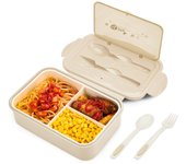 Fiambrera Bento Box in Prueba de Fugas para Niños Adultos, Contenedor de Alimentos con 3 Compartimientos y Juego de Cubios, Sin BPA