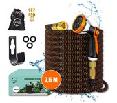 GREEN GOF Manguera de Jardín Premium 7,5m con boquilla de pulverización de 10 funciones, ligera y extensible, con conectores de latón. Alta resistencia con núcleo de látex. Se expande de 2,5 a 7,5 Metros.
