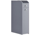 Armario de baño estrecho gris paloma con portarrollos y cajones, solución de almacenamiento vertical para espacios pequeños