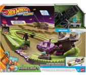 Hot Wheels Pista RacerVerse Minecraft Playset con armadura de diamante de fundición a presión Steve en vehículo Minecart, lánzate y corre para derrotar a Ender Dragon (Mattel JFP34)