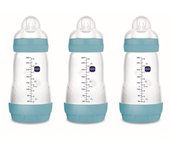"MAM Pack de 3 Biberones Anticólicos, 2+ Meses, 260ml, con Tetina 2 Flujo Medio de Silicona de Fácil Aceptación, Autoesterilizable y Fácil de Limpiar, Easy Start Anti-Colic, Azul Mate, 3 Unidades "