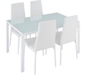 Tectake - Conjunto de mesa y 4 sillas de comedor BERLIN, Acolchado con funda de cuero sintético muy resistente, Tablero de la mesa robusto, de vidrio de seguridad, Acero estable, Protectores de plástico en las patas para proteger el suelo de arañazos