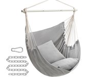 SONGMICS Silla Hamaca, Silla Colgante Grande con 2 Cojines, Silla Colgante con Cadena, Capacidad de Carga 150 kg, para Interior, Exterior, Salón, Dormitorio, Gris Paloma/Blanco Crema