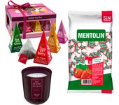 Pack surtido: MENTOLIN FRESA MENTA S/A BOLSA 1KG + Vela perfumada en vidrio rosa de silicona 170 g + Caja de Té Joyfull con variedad de sabores