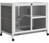 PawHut Conejera de Madera con Ruedas 91,5x53,3x73 cm Jaula para Conejos de 2 Niveles con Techo Abatible Bandeja Extraíble y Rampa