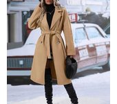 Europe And The United States Solid Color Lapel Thickened Lace-up Double-breasted Buckle Lengthened Paragraph Female Trench Coat