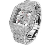 Square Full Diamond Watches For Men Luxury Fashion Ice Out Bling Skeleton Clock Hip Hop Shiny Silver Waterproof Watch Hot Sale