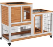 PawHut Conejera de Madera para Interior con Ruedas Jaula para Conejos Mascotas Pequeñas de 2 Pisos con Zona Abierta Rampa y 2 Bandejas Extraíbles 110x50x86 cm
