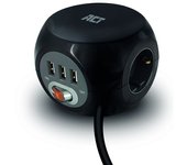 ACT  Regleta Cubo 3x Schuko H + Interruptor + 3x USB AH 2.4 A. 12W - Schuko M