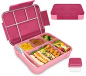 Lonchera Bento con 5 compartimentos y 1 recipiente para aderezo, ideal para niños y adultos, ideal para el trabajo y la escuela (rosa)