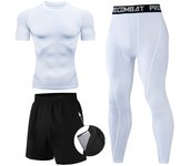 3 Pieces Fitness Suits Athletic Workout Compression Sets for Men Short Sleeve Rash Guard Undershirt Tops Leggings Pants Shorts