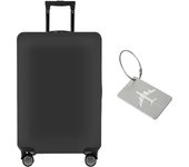 Funda elástica para equipaje de viaje, color negro, funda para maleta, funda para equipaje, funda protectora para maleta de 22-24 pulgadas con etiqueta para equipaje*1 (M, avión plateado)