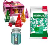 Lote respira: MENTOLIN HIERBABUENA S/A BOLSA 1KG + WELL HOME - Vela perfumada con flor tiare + WELL HOME - Caja de Té Joyfull con variedad de sabores