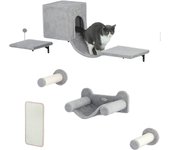 PawHut Juego de Pared de Escalada para Gatos de 6 Piezas Estanterías para Gatos con Condominio Plataforma Hamaca Escaleras Percha Tabla Rascador Poste de Sisal Bola de Juguete Gris