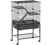 PawHut Jaula para Animales Pequeños de 4 Niveles con Ruedas Jaula para Roedores con Bandeja Profunda Rampas Plataformas Comedero y Bebedero Recinto para Chinchillas Hurones Hámster 73x47x123 cm Negro