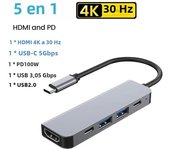 USB C 5 en 1 para portátil 4K 30Hz pd100w muelle USB-C 3,1 adaptador divisor tipo-C a HDMI para MacBook iPad Huawei USB 3,0 Hub de aluminio