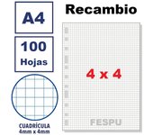hojas de recambio archivador,100 hojas,Formato A4 ,cuadricula 4mmX4mm,con taladros,material escolar,fespu shop