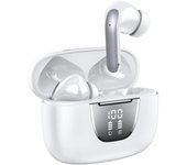 Auriculares inalámbricos Bluetooth, estuche de carga con pantalla de energía, auriculares inalámbricos impermeables IPX5 con micrófono dual para juegos de teléfono, TV, deportes (blanco)