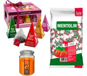 Pack surtido: MENTOLIN FRESA MENTA S/A BOLSA 1KG + Vela Perfumada de Frutas Exóticas 510g  + WELL HOME - Caja de Té Joyfull con variedad de sabores