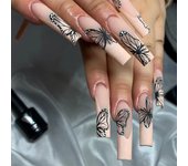 24 uñas postizas Francesas with Bare toe, uñas adhesivas, Uñas postizas Negas con Mariposas, Uñas postizas Quita, accesorios para decoración de uñas para Mujeres y niños.