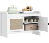 HOMCOM Banco Zapatero Mueble Zapatero Banco de Almacenamiento Bohemio con Puertas Frentes de Ratán Estante Extraíble para 8 Pares de Zapatos para Entrada Dormitorio 80x35x52 cm Blanco