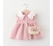 2Pcs/Set Toddler Girl Plaid Dresses Love Lapel Sleeveless Cotton Baby Children Clothes Summer Kids Costume 0 To 3 Years + Bag