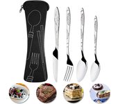 Juego de cubiertos de 4 piezas de acero inoxidable para cortador, tenedor, cuchara, superficie tallada, juego de vajilla portátil, ligero y duradero