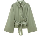 TRZA-Women's Long Sleeve Kimono Blouses With Bow Tie, Front Button, Female Shirts, Chic Tops, Fashion