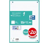 Recambio 1 Oxford 100+20 hojas monocolor - OptikPaper+ - rayado de 5x5 - compatible con la aplicación Scribzee - Ideal para uso escolar y oficina - Disponible en colores: rojo, negro, verde, rosa palo, naranja, turquesa, menta, amarillo, malva